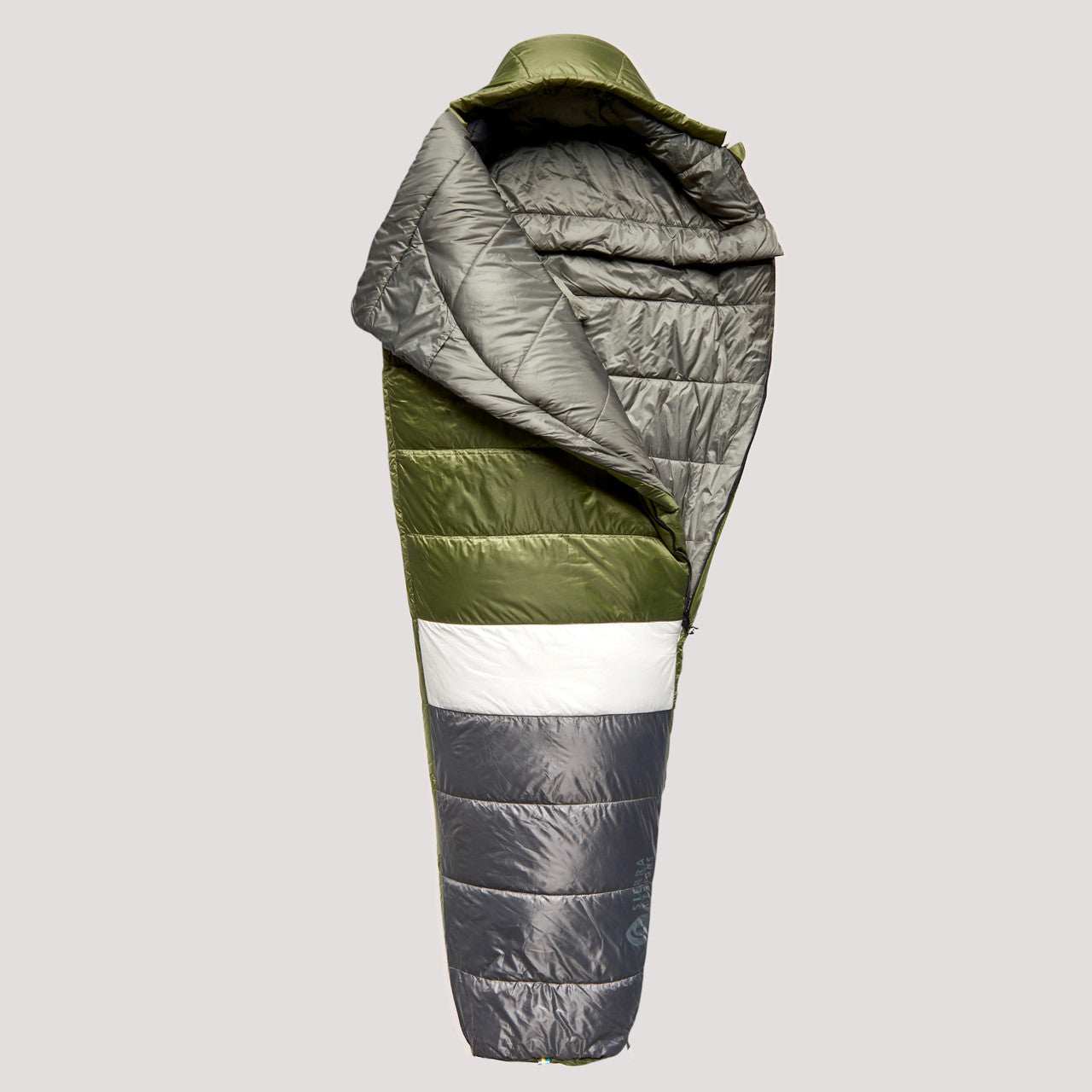 Sierra Designs Shut Eye 20 sleeping bag, green/gray with white stripe, top view, fully opened