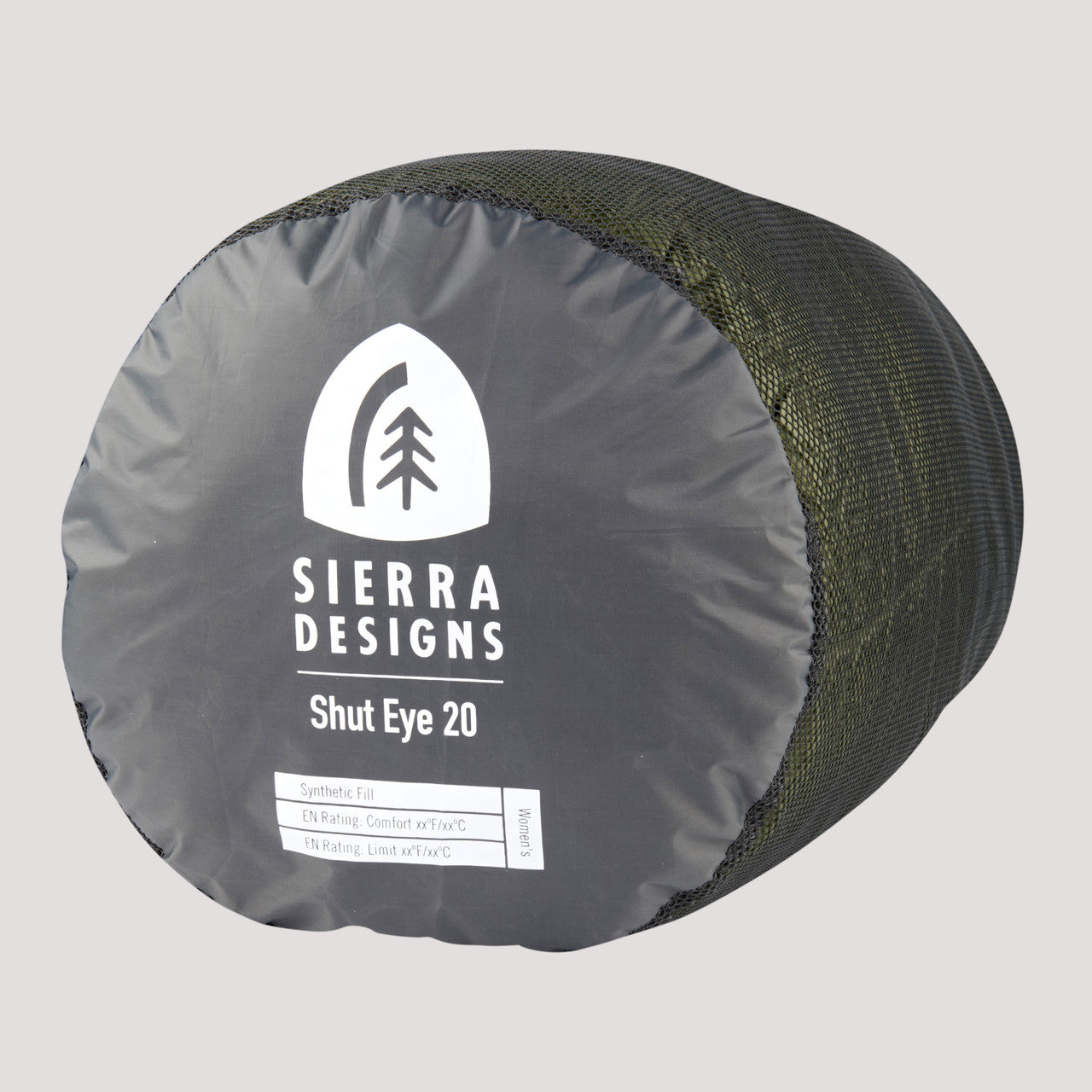 Sierra Designs Shut Eye 20 sleeping bag, shown packed inside mesh storage bag